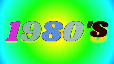 1980 'lerin büyük sözcüğü, 1980' lerin yazı tipi karakteristiğinde rastgele bir sırayla, rastgele gölgelerle sürekli değişen çok renkli bir arkaplana karşı çok sayıda canlı renkle yanıp sönüyor. 