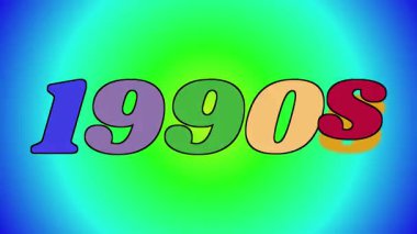 Metin 1990 'lar her harf veya segmentte farklı bir renk içeren büyük bir boyutta görüntülenirken, canlı renkli bir arkaplana karşı aralıklarla yanıp sönen bir retro görsel efekt oluşturur.