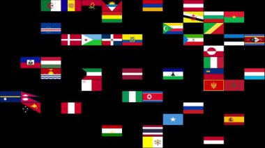 Görsel bir ekran, dünyanın dört bir yanından gelen çok sayıda ülkenin bayraklarını alfabetik sıraya dizilmiş 13 sıra ve 13 sütuna ayırıyor.