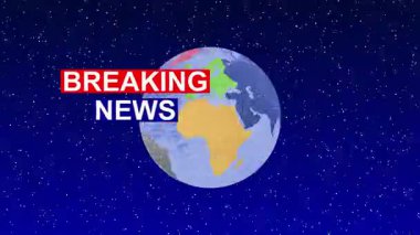 BREAKING NEWS sözcükleri büyük bir yazı tipinde gösterilir Dünya 'nın bir tasviri olarak kıtaları renkli ve parıltılı arka planda dönerek dramatik bir görsel duyuru oluşturur.