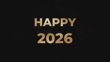 İfade Mutlu 2026 bir yazı tipi ile sunuldu. Altından bir doku ve bir havai fişek etkisi önümüzde ki yılı kutlayan siyah bir arkaplana karşı ayarlandı.