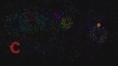 Kırmızı parlayan bir yazı tipi ve havai fişek efektiyle bayram neşesi ve kutlamaları ileten siyah bir zemin üzerinde Mutlu Noeller yazılı.