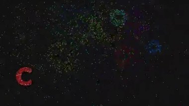 Kırmızı parlayan bir yazı tipi ve havai fişek efekti ile bayram tebriklerini ileten ve kutlayan siyah bir arkaplana karşı Merry Christmas