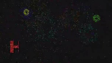 Sözcükler Mutlu Bayramlar kırmızı parıltılı desenli yazı tipi ve şenlik sezonunu kutlayan siyah bir arkaplana karşı hazırlanmış havai fişek efektiyle sunuldu