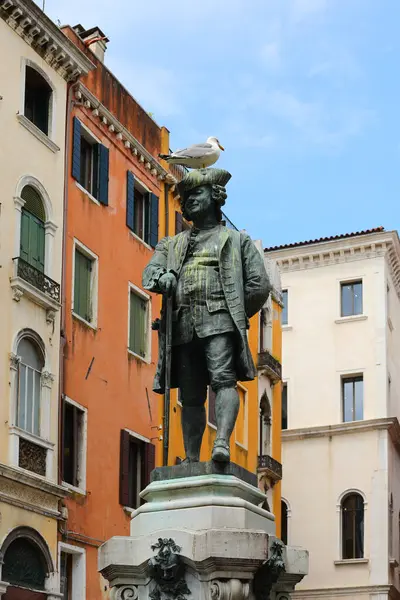 Venezia, VE, İtalya - 6 Mayıs 2025: CARLO GOLDONI heykeli ünlü bir İtalyan yazar ve başında bir martı