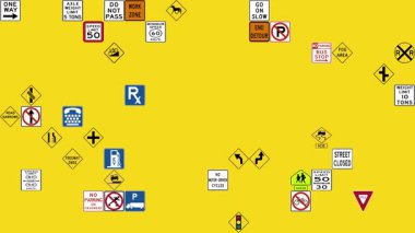 Amerika Birleşik Devletleri 'nde otoyolları ve otoyolları boyunca yaygın olarak kullanılan çok çeşitli trafik işaretlerini gösteren ızgara.