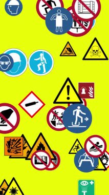 Mevcut yasal düzenlemeler ve güvenlik protokolleri uyarınca standartlaştırılmış semboller içeren bireylerin ve işçilerin korunması için tasarlanmış güvenlik işaretleri koleksiyonu