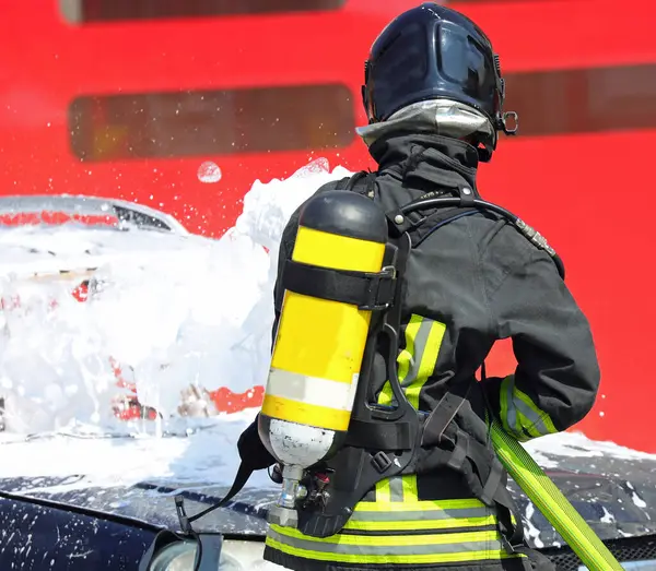 Omuzlarında oksijen tüpü olan itfaiyeci kazadan sonra yangını söndürmek için arabaya köpüklü beyaz sprey sıkar.