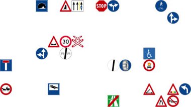 İtalya ve Avrupa 'da çok sayıda trafik işareti içeren 9x16 bir matrise yerleştirilmiş bir ızgara