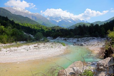 Vadinin büyüleyici manzarası, akan akarsu ve yazın arka planda dağlar.