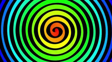 Düzensiz fırça darbelerine sahip uzun renkli spiral siyah bir arka planda sabit bir hızda dönerek hipnotik bir görsel efekt oluşturur.