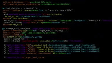 Programlama dili simülasyonu, bir teknolojik his için sürekli olarak siyah ekran arkaplanı boyunca kayan sayısız metin satırlarını gösterir