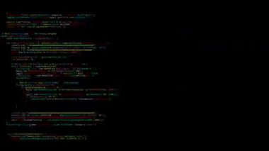 Programlama dili kod satırları ekrandan çok hızlı bir şekilde aşağı kayar. Klasik bir hacker veya teknoloji temalı animasyon