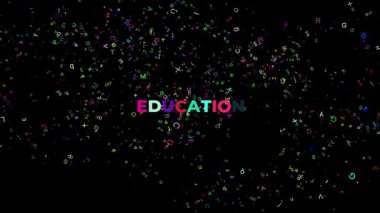 Geniş EDUCATION metni çeşitli renk ve boyutlarda rastgele harflerle havai fişek gösterisi gibi patlıyor. Eğitici içerik için mükemmel