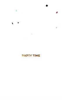 Parti Zamanı metni çeşitli renk ve boyutlarda rastgele sembol ve konfeti patlamalarıyla ortaya çıkar. Kutlamalar için mükemmel.