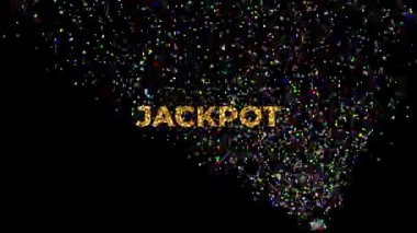 Ekranın alt kısmından fışkıran çeşitli renk ve boyutlarda kart sembolleri içeren JACKPOT metni. Oyunlar için animasyon kazanmak