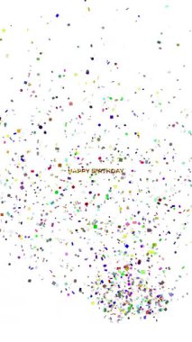 Video çerçevesinin her tarafında farklı renk ve boyutlarda sayısız rastgele sembol ve konfeti bulunan Mutlu Yıllar metni