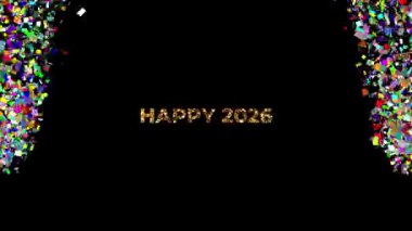 Farklı renk ve boyutlarda rastgele semboller ve konfetilerle ekranın altından yukarı doğru patlayan Mutlu 2026 metinleri