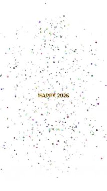 Mutlu 2026 metni ekranın dört köşesinden farklı renk ve boyutlarda bir sürü rastgele sembol ve konfeti ile ortaya çıkar