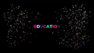 Videonun tüm açılarından farklı renk boyutları ve döndürmelerden oluşan sayısız harf büyük metin EDUCATION ile patlar. Okul projeleri için harika.