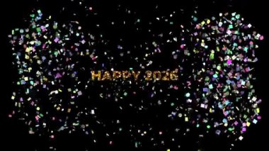 Geniş Mutlu 2026 metni, videonun dört köşesinden çeşitli renk ve boyutlarda rastgele semboller ve konfetilerden oluşan büyük bir patlama ile