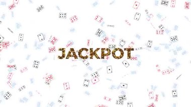 Büyük JACKPOT metin, dört as kazanan bir el ortaya çıkarmadan önce birçok oyun kartı etrafında çırpınan parlak altın renkli yazı tipi