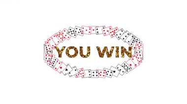 Parlak altın renkli bir yazı tipiyle Büyük You WIN metin etrafında dönen oyun kartları dinamik eliptik girdap bir zafer işareti