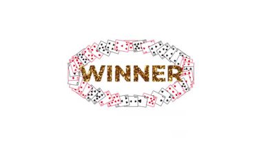 Büyük WINNER metin parlak altın parıltılı yazı tipi ile metin etrafında dönen birçok oyun kartları kutlama eliptik girdap