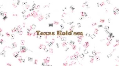 Büyük TEXAS EM metin etrafında bir sürü kart çırpınan altın parıltı sonra büyük bir zafer için dört bir poker eli dramatik bir şekilde görünür