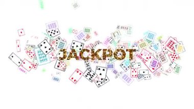 Büyük JACKPOT metin parlak altın parıltılı yazı tipi ile çeşitli oyun kartları aralıksız yağmurla ekranın tepesinden düşüyor