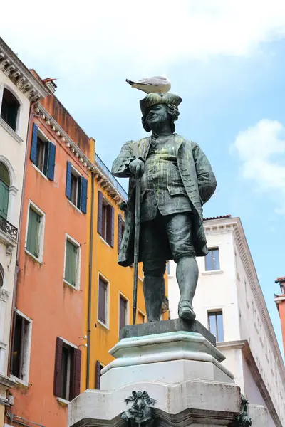 Venezia, VE, İtalya - 6 Mayıs 2025: CARLO GoldLDONI heykeli ünlü bir İtalyan oyun yazarı ve başında büyük bir martı