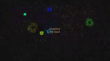 Üzerinde 4 Temmuz yazısıyla altın parıltılı yazı tipi ve siyah arka planda havai fişek görüntüsü olan büyük metin
