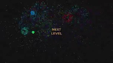 Siyah arkaplanda altın parıltılı yazı tipi ve havai fişek görüntüsü olan NEXT LEVEL sözcüğüyle büyük metin