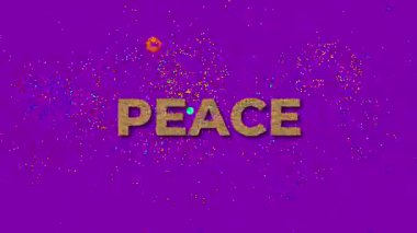 Üzerinde altın parıltılı yazı tipi ve siyah arkaplanda havai fişek görüntüsü olan Barış Sözcüğü yazan büyük metin