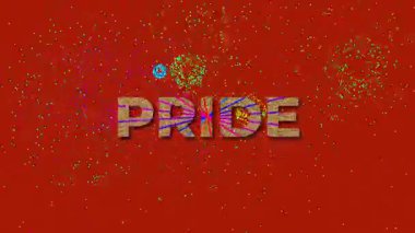 Üzerinde altın parıltılı yazı tipi ve arka planda havai fişek görüntüsü olan PRIDE sözcüğü olan büyük metin