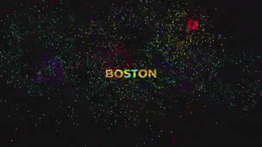 Üzerinde altın parıltılı yazı tipi ve siyah arkaplanda havai fişek görüntüsü olan BOSTON sözcüğü olan büyük metin