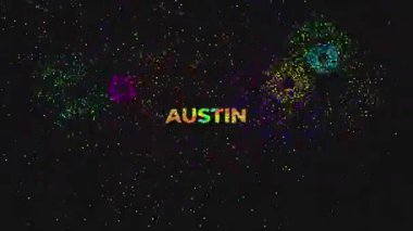 Altından parıltılı yazı tipi ve siyah arkaplanda havai fişek görüntüsü olan AUSTIN sözcüğünü içeren büyük metin