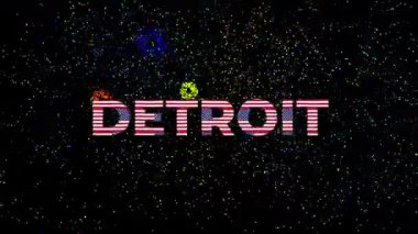 DETROIT sözcüğünün olduğu büyük metin. Yazı tipi birçok ABD FLAGS ile yapılmış ve havai fişek gösterimi siyah arkaplan