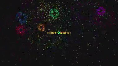 Fort Worth sözcüğünün olduğu büyük metin altın parıltılı yazı tipi ve siyah arkaplanda havai fişek gösterimi