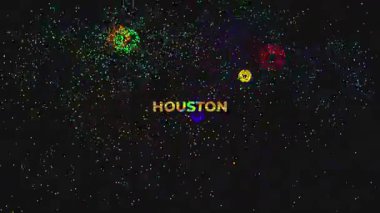 Üzerinde altın parıltılı yazı tipi ve siyah arkaplanda havai fişek görüntüsü olan HOUSTON sözcüğü olan büyük metin