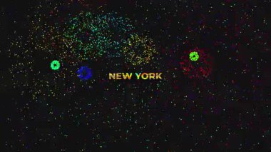 Üzerinde altın parıltılı yazı tipi ve siyah arkaplanda havai fişek görüntüsü olan NEW YORK sözcüğü olan büyük metin