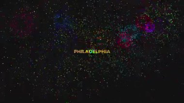Siyah arkaplanda altın parıltılı yazı tipi ve havai fişek gösterisiyle PHILADELPHIA sözcüğünün yer aldığı büyük metin