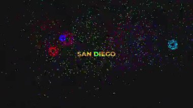 Siyah arkaplanda SAN DIEGO altın parıltılı yazı tipi ve havai fişek gösterimi ile büyük metin