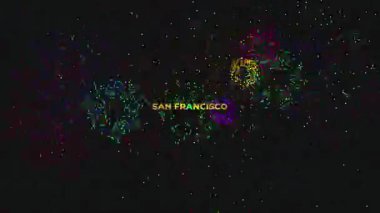 Siyah arkaplanda SAN FRANCISCO ve altın parıltılı yazı tipi ve havai fişek görüntüsü olan büyük metin