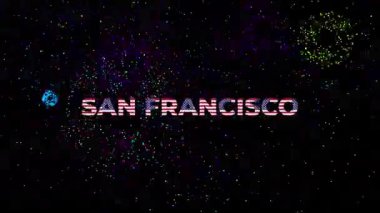 Üzerinde SAN FRANCISCO yazan büyük metin. Yazı tipi birçok ABD bayrağı ve havai fişek ekranıyla siyah arkaplanda yapılmış.