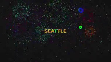 Siyah arkaplanda altın parıltılı yazı tipi ve havai fişek gösterimi olan SEATTLE sözcüğüyle büyük metin