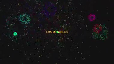 Siyah arkaplanda LOS ANGELES ile altın parıltılı yazı tipi ve havai fişek gösterimi içeren metin