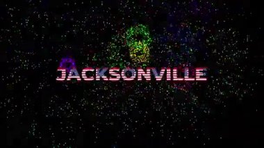 Üzerinde JACKSONVILLE yazan büyük metin. Yazı tipi birçok ABD bayrağı ve havai fişek gösterimi ile siyah arkaplanda yapılmış.