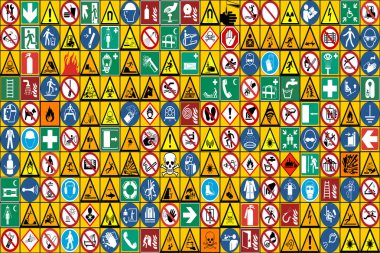 İşçi sağlığı ve işyeri yaralanmalarının önlenmesi için birçok güvenlik işareti içeren şebeke