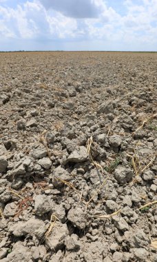Yaz kuraklığı ve engin ovanın sonundaki beyaz bulutlar yüzünden çok kurak bir arazi.